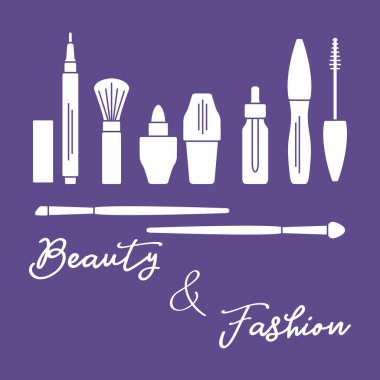 Makyaj. Dekoratif kozmetik Kozmetik yağı. Glamour moda moda stil. Göz kalemi, fırçalar, ruj, Kozmetik yağı, aplikatör, maskara.