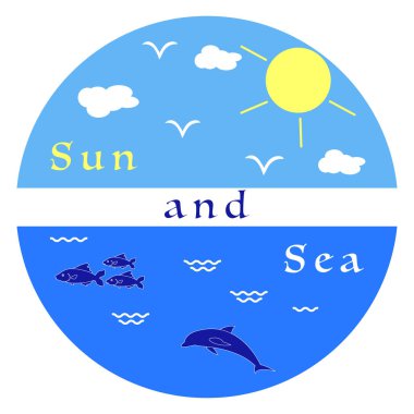 Güneş, bulutlar, kuşlar, yunus, deniz, dalgalar, balık. Tasarım, yazdırma için şablon.
