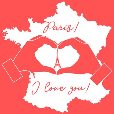 El bir kalp şekil verme. Kule, Paris sembolü. Yazıt Paris seni seviyorum. Seyahat ve eğlence.