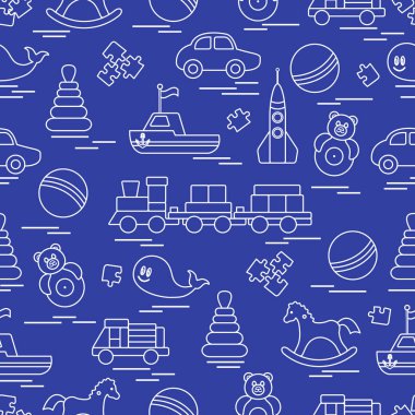 Çocuk oyuncakları ile Seamless modeli. Tren, otomobil, toplar, sallanan at, Roly, balina, bulmacalar, Piramit, tekne.
