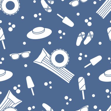 Şişme yatak, şişme daire, dondurma, şapka, Gözlük, plaj terlikleri ile Seamless modeli. Yaz dinlenme kavramı.