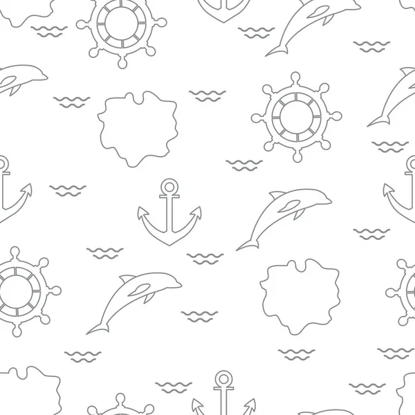 Бесшовный Рисунок Дельфинами Якорями Рулевыми Колесами Волнами Островами Летний Отдых — стоковый вектор