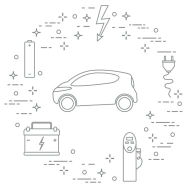 Elektrikli otomobil, pil, şarj istasyonu, elektrik güvenliği işareti, kablo, elektrik prizinden. Yeni ulaşım Çevre teknolojileri. 