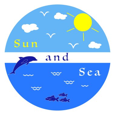 Güneş, bulutlar, kuşlar, yunus, deniz, dalgalar, balık. Tasarım, yazdırma için şablon.