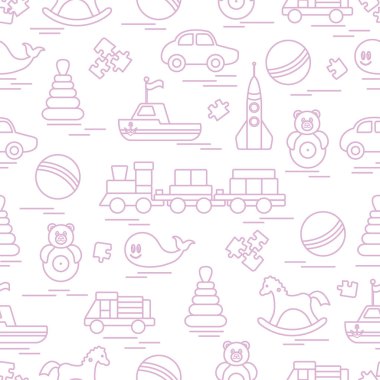 Çocuk oyuncakları ile Seamless modeli. Tren, otomobil, toplar, sallanan at, Roly, balina, bulmacalar, Piramit, tekne.