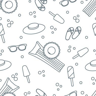 Şişme yatak, şişme daire, dondurma, şapka, Gözlük, plaj terlikleri ile Seamless modeli. Yaz dinlenme kavramı.