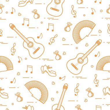 Fan, Ayakkabı, kastanyet, notlar, gitar ile Seamless modeli. Seyahat ve eğlence. İspanya'nın geleneksel semboller.