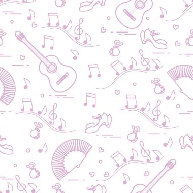 Fan, Ayakkabı, kastanyet, notlar, gitar ile Seamless modeli. Seyahat ve eğlence. İspanya'nın geleneksel semboller.