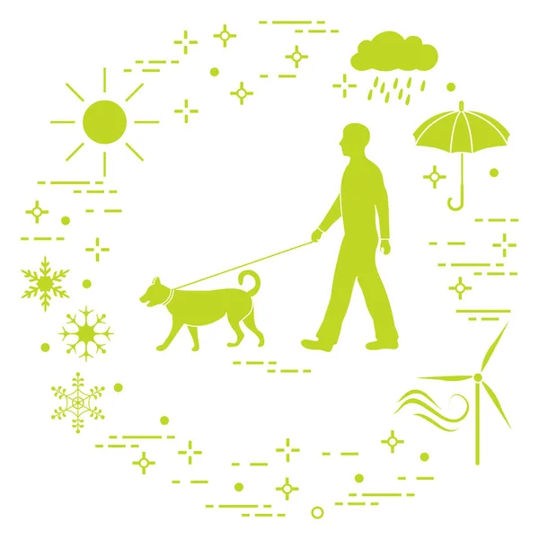 Man Walking Dog Leash Any Weather Sun Cloud Rain Umbrella — Stock Vector