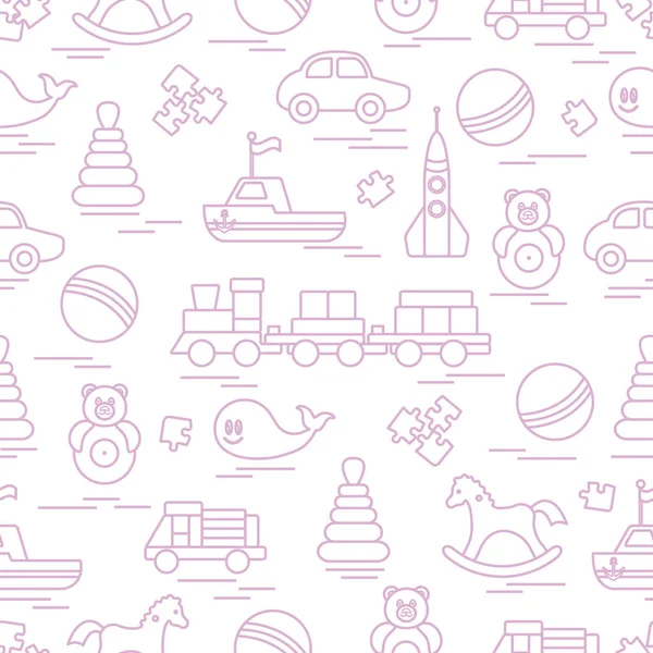 Çocuk oyuncakları ile Seamless modeli. Tren, otomobil, toplar, sallanan at, Roly, balina, bulmacalar, Piramit, tekne.