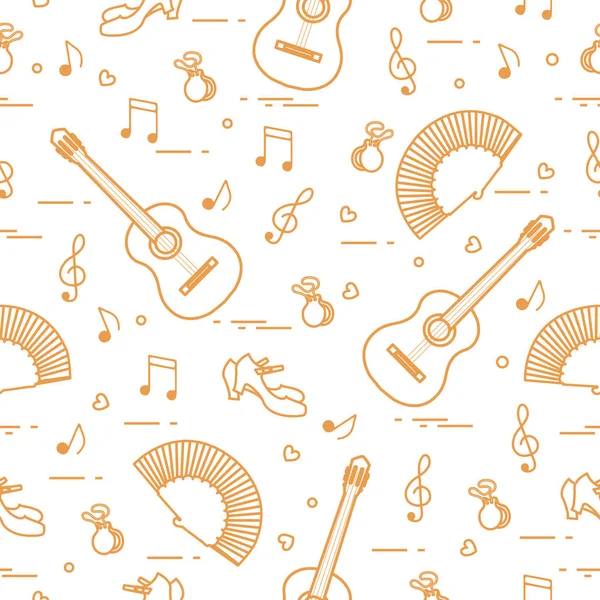 Fan, Ayakkabı, kastanyet, notlar, gitar ile Seamless modeli. Seyahat ve eğlence. İspanya'nın geleneksel semboller.