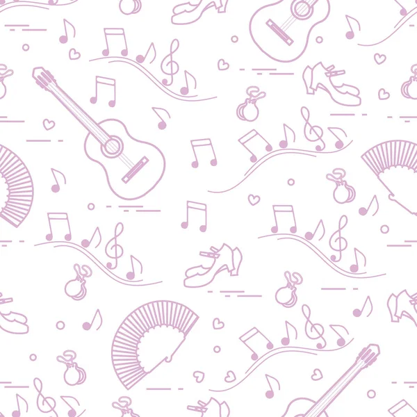 Fan, Ayakkabı, kastanyet, notlar, gitar ile Seamless modeli. Seyahat ve eğlence. İspanya'nın geleneksel semboller.