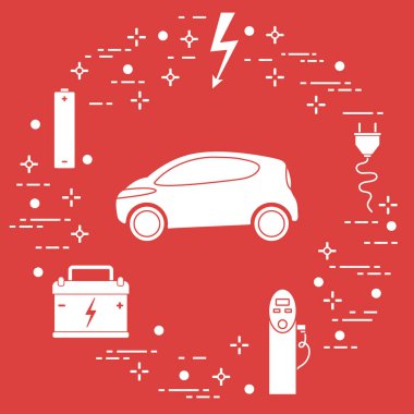 Elektrikli otomobil, pil, şarj istasyonu, elektrik güvenliği işareti, kablo, elektrik prizinden. Yeni ulaşım Çevre teknolojileri. 