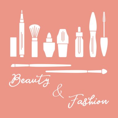 Makyaj. Dekoratif kozmetik Kozmetik yağı. Glamour moda moda stil. Göz kalemi, fırçalar, ruj, Kozmetik yağı, aplikatör, maskara.