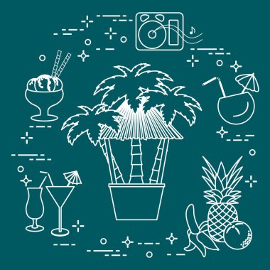 Sahilde, palmiye ağaçları, kokteyller, dondurma, müzik hoparlörler, muz, ananas, portakal Bar.