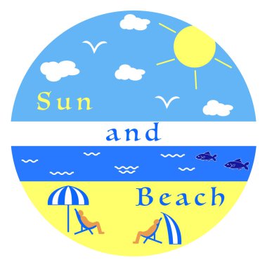 Güneş, bulutlar, kuşlar, deniz, dalgalar, balık, plaj, insanlar, şezlong mevcuttur, şemsiye, tente. Yaz eğlence.