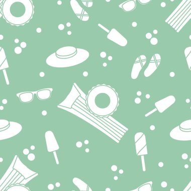 Şişme yatak, şişme daire, dondurma, şapka, Gözlük, plaj terlikleri ile Seamless modeli. Yaz dinlenme kavramı.