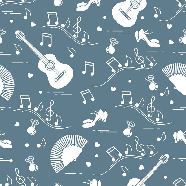 Seamless pattern with fan, shoes, castanets, notes, guitars. Travel and leisure. Traditional symbols of Spain.