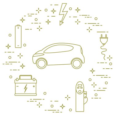 Elektrikli otomobil, pil, şarj istasyonu, elektrik güvenliği işareti, kablo, elektrik prizinden. Yeni ulaşım Çevre teknolojileri. 