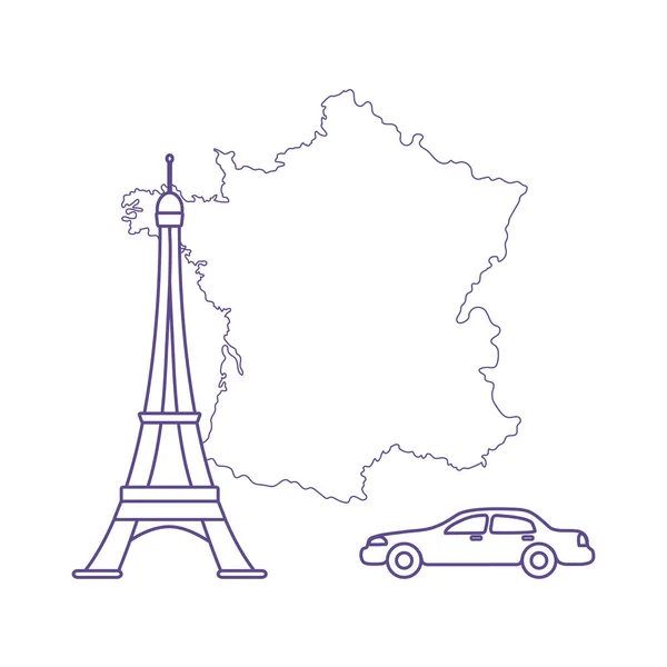 Carte France Célèbre Tour Paris Voiture Voyages Loisirs — Image vectorielle