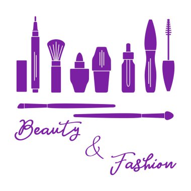 Makyaj. Dekoratif kozmetik Kozmetik yağı. Glamour moda moda stil. Göz kalemi, fırçalar, ruj, Kozmetik yağı, aplikatör, maskara.