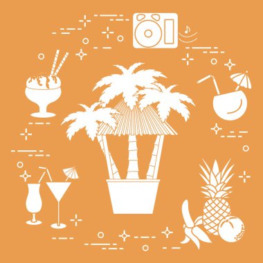 Sahilde, palmiye ağaçları, kokteyller, dondurma, müzik hoparlörler, muz, ananas, portakal Bar.