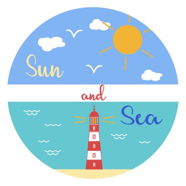 Güneş, bulutlar, kuşlar, deniz, dalgalar, plaj, deniz feneri. Tasarım, yazdırma için şablon.