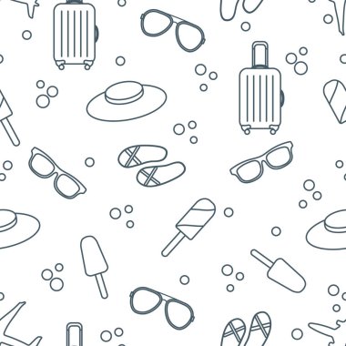 Bavul, dondurma, şapka, güneş gözlüğü, plaj terlikleri ile Seamless modeli. Yaz dinlenme kavramı.