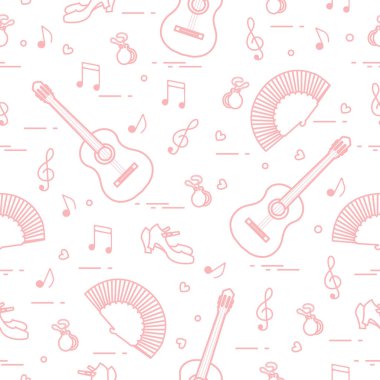 Fan, Ayakkabı, kastanyet, notlar, gitar ile Seamless modeli. Seyahat ve eğlence. İspanya'nın geleneksel semboller.