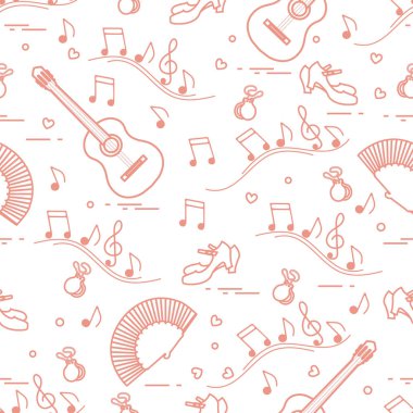 Fan, Ayakkabı, kastanyet, notlar, gitar ile Seamless modeli. Seyahat ve eğlence. İspanya'nın geleneksel semboller.