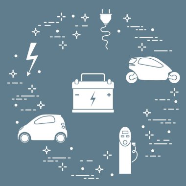 Elektrikli arabalar, pil, şarj istasyonu, elektrik güvenliği işareti, kablo, elektrik prizinden. Yeni ulaşım Çevre teknolojileri.