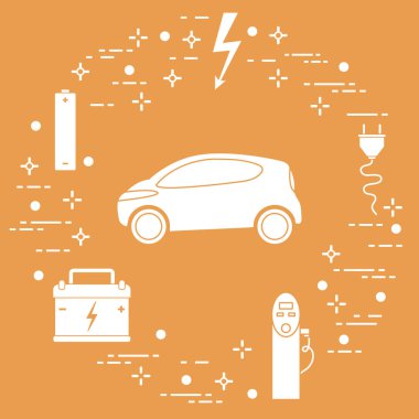 Elektrikli otomobil, pil, şarj istasyonu, elektrik güvenliği işareti, kablo, elektrik prizinden. Yeni ulaşım Çevre teknolojileri. 