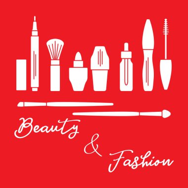 Makyaj. Dekoratif kozmetik Kozmetik yağı. Glamour moda moda stil. Göz kalemi, fırçalar, ruj, Kozmetik yağı, aplikatör, maskara.