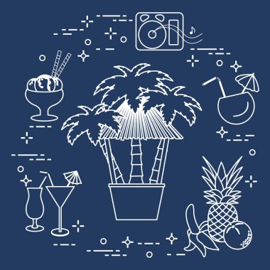 Sahilde, palmiye ağaçları, kokteyller, dondurma, müzik hoparlörler, muz, ananas, portakal Bar.