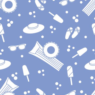 Şişme yatak, şişme daire, dondurma, şapka, Gözlük, plaj terlikleri ile Seamless modeli. Yaz dinlenme kavramı.