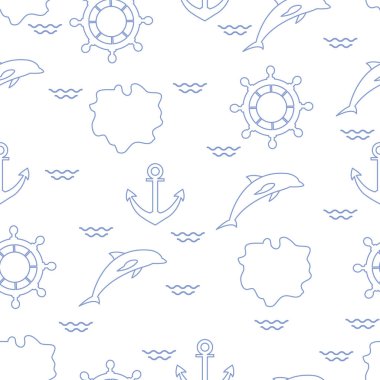 Yunuslar, çapa, direksiyon, dalgalar, Adaları ile Seamless modeli. Yaz eğlence.