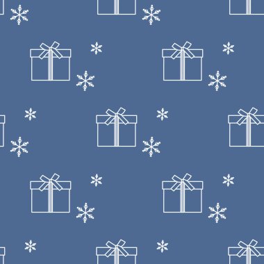 Hediye kutuları ile Seamless modeli şeritler ve kar taneleri ile bağlı. Tasarım kartpostal, davet, afiş için.