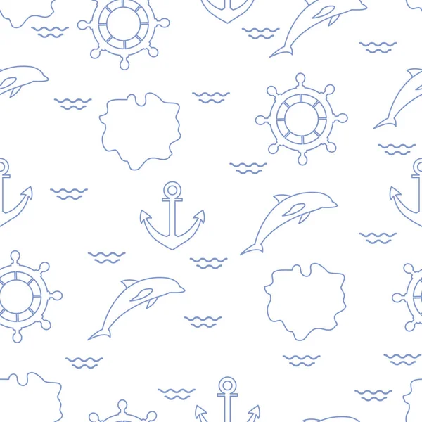 Бесшовный Рисунок Дельфинами Якорями Рулевыми Колесами Волнами Островами Летний Отдых — стоковый вектор