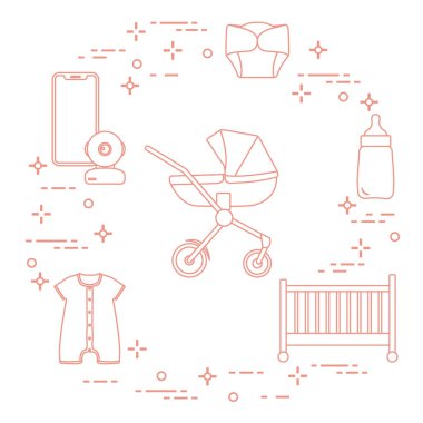 Bebekler için ürünler. Puset, beşik, Bebek telsizi, şişe, su geçirmez Külot, Tulum.