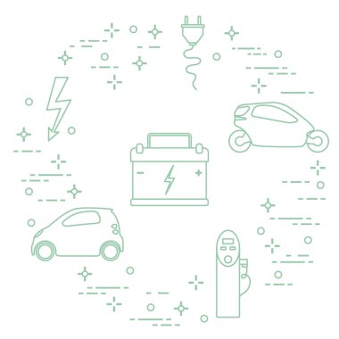 Elektrikli arabalar, pil, şarj istasyonu, elektrik güvenliği işareti, kablo, elektrik prizinden. Yeni ulaşım Çevre teknolojileri.