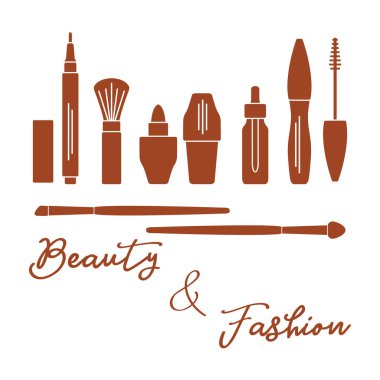 Makyaj. Dekoratif kozmetik Kozmetik yağı. Glamour moda moda stil. Göz kalemi, fırçalar, ruj, Kozmetik yağı, aplikatör, maskara.