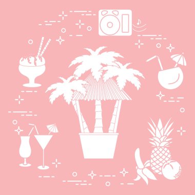 Sahilde, palmiye ağaçları, kokteyller, dondurma, müzik hoparlörler, muz, ananas, portakal Bar.