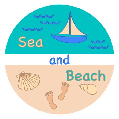 Deniz, dalgalar, plaj, yat, deniz kabuklarını, ayak izi. Yaz dinlenme. Tasarım, yazdırma için şablon.