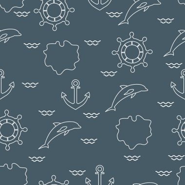 Yunuslar, çapa, direksiyon, dalgalar, Adaları ile Seamless modeli. Yaz eğlence.