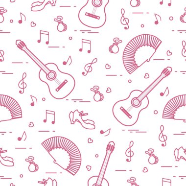 Fan, Ayakkabı, kastanyet, notlar, gitar ile Seamless modeli. Seyahat ve eğlence. İspanya'nın geleneksel semboller.