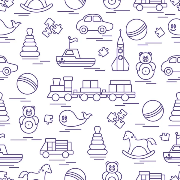 Çocuk oyuncakları ile Seamless modeli. Tren, otomobil, toplar, sallanan at, Roly, balina, bulmacalar, Piramit, tekne.