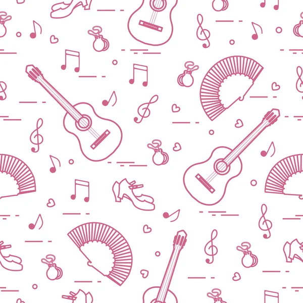 Fan, Ayakkabı, kastanyet, notlar, gitar ile Seamless modeli. Seyahat ve eğlence. İspanya'nın geleneksel semboller.