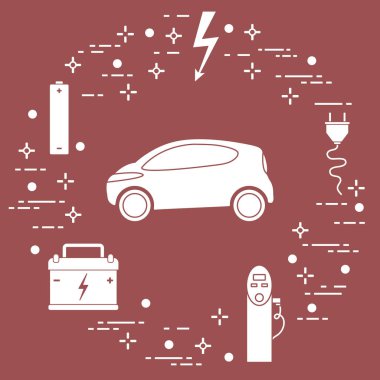 Elektrikli otomobil, pil, şarj istasyonu, elektrik güvenliği işareti, kablo, elektrik prizinden. Yeni ulaşım Çevre teknolojileri. 