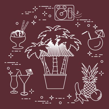 Sahilde, palmiye ağaçları, kokteyller, dondurma, müzik hoparlörler, muz, ananas, portakal Bar.