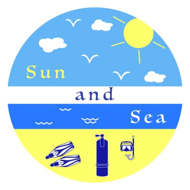 Güneş, bulutlar, kuşlar, deniz, dalgalar, plaj, maske, Tüp, palet, oksijen tüpü. Tasarım, yazdırma için şablon.